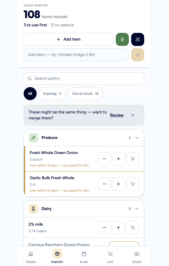 Kitchen-CEO Pantry screen listing items with expiry dates