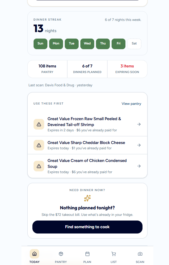 Kitchen-CEO Today screen showing expiring groceries and a quick way to find dinner