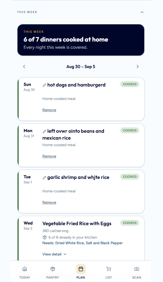 Kitchen-CEO Plan screen showing the week of dinners