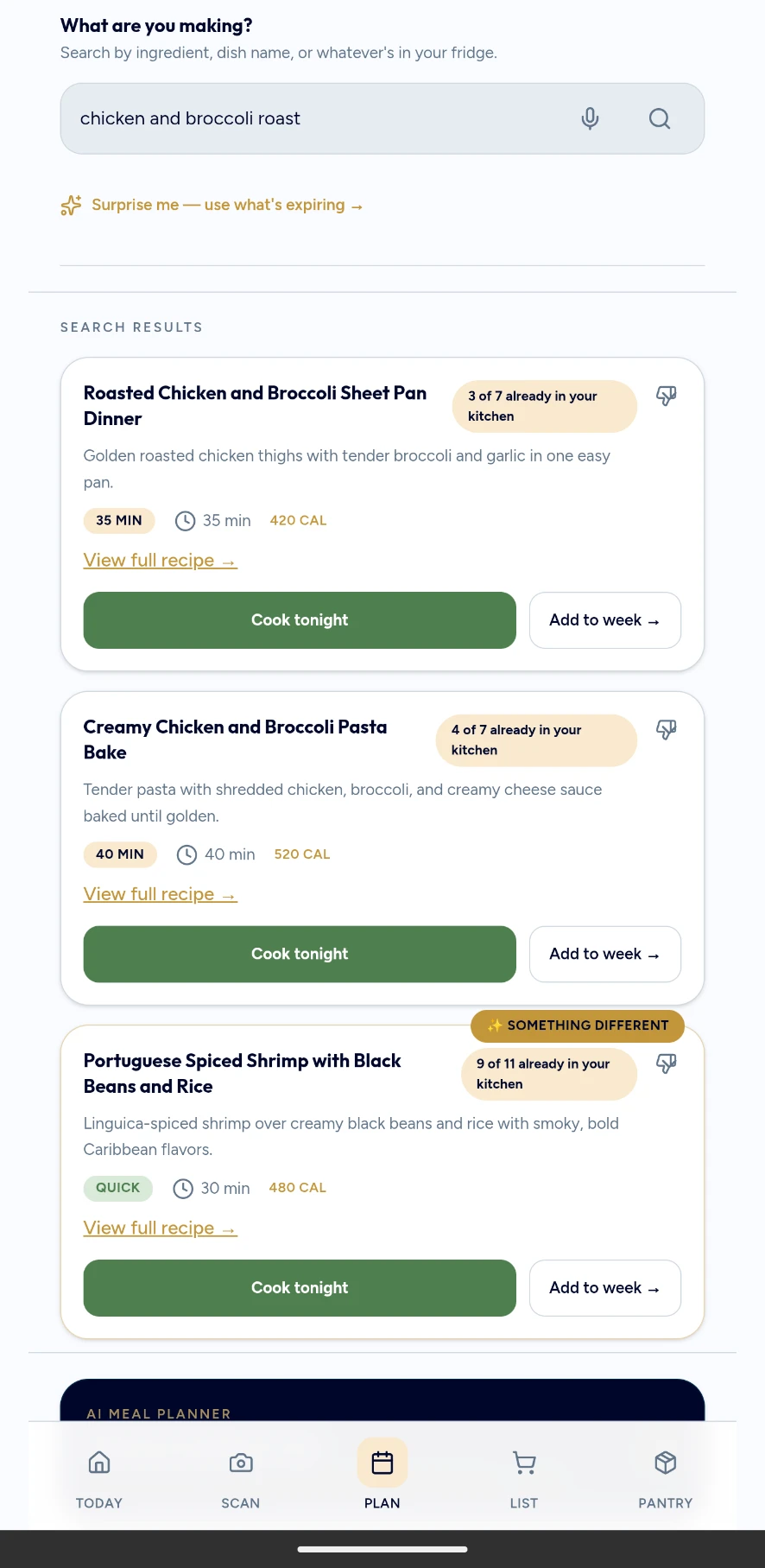 Kitchen-CEO recipe search results built from your pantry